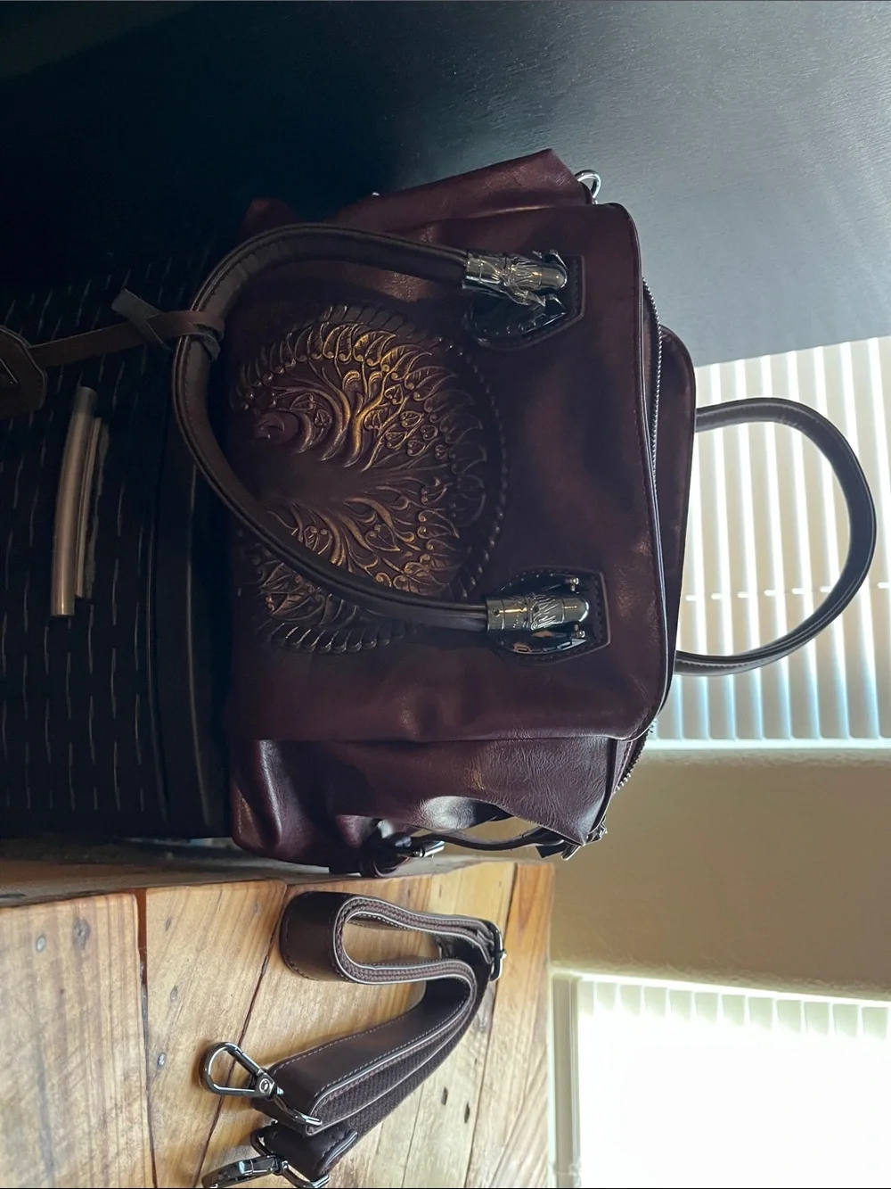 Women's Embossed Leather Satchel in Deep Plum